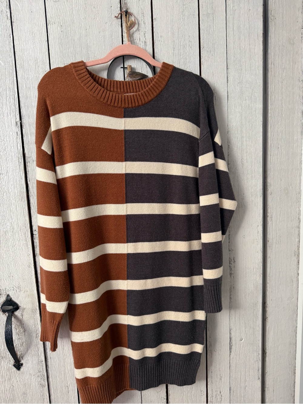 Blu Pepper Two-Tone Brown & Charcoal Striped Crewneck Sweater dress
